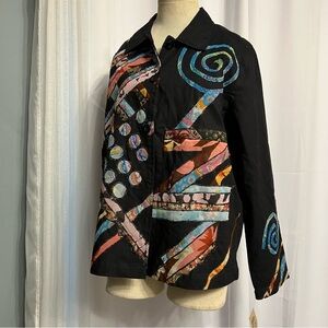 Vintage Life Style Womens Jacket Large Black Colorful Ribbon Patchwork Art Wear